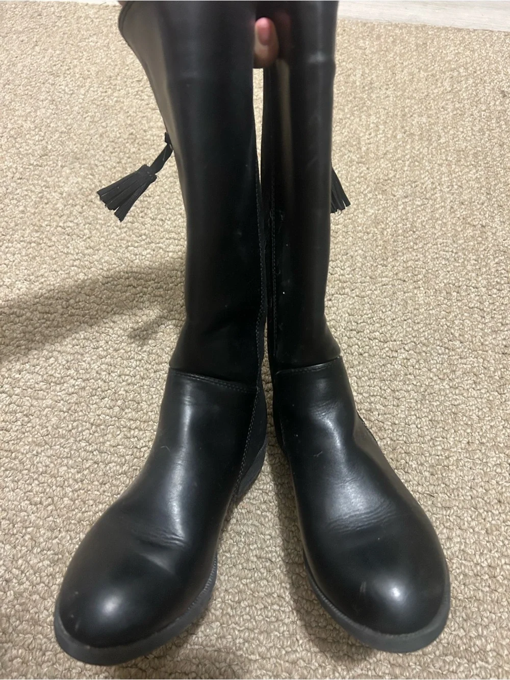 Black Leather Knee-High Boots with Tassel Detail